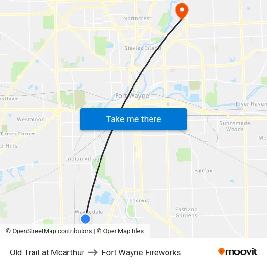 Old Trail at Mcarthur to Fort Wayne Fireworks map