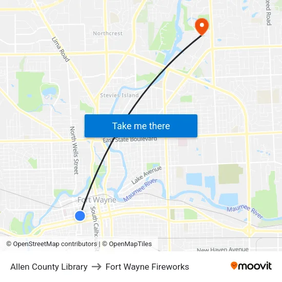Allen County Library to Fort Wayne Fireworks map