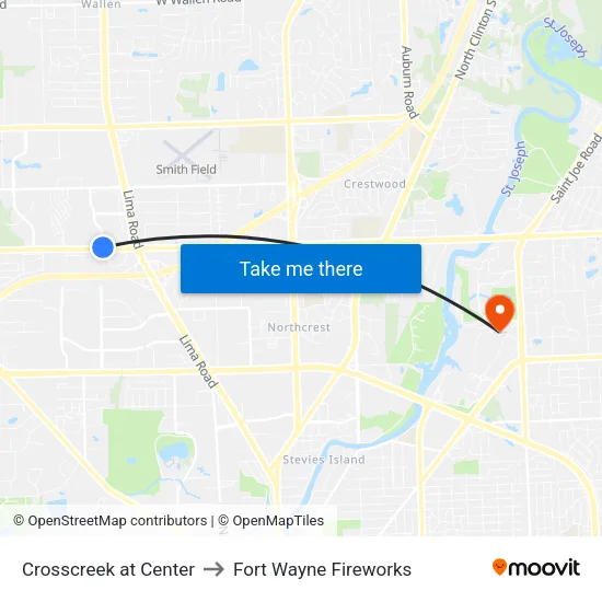 Crosscreek at Center to Fort Wayne Fireworks map