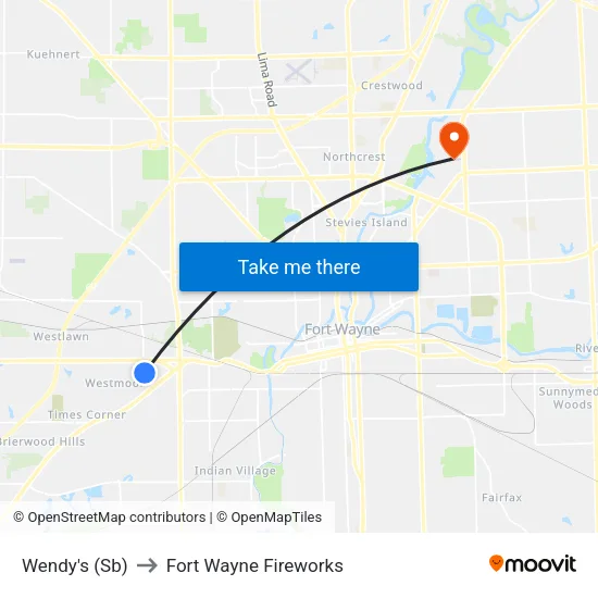 Wendy's (Sb) to Fort Wayne Fireworks map