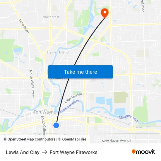 Lewis And Clay to Fort Wayne Fireworks map