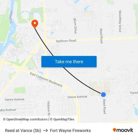 Reed at Vance (Sb) to Fort Wayne Fireworks map
