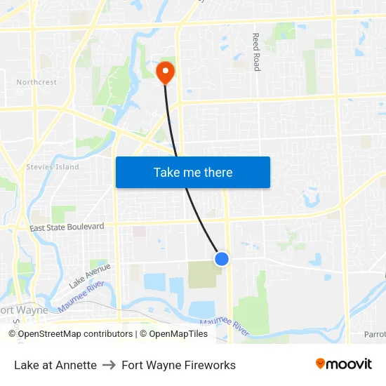 Lake at Annette to Fort Wayne Fireworks map