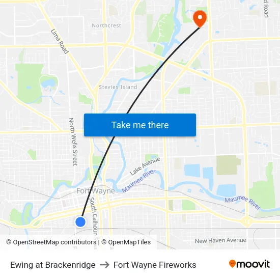 Ewing at Brackenridge to Fort Wayne Fireworks map
