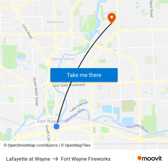 Lafayette at Wayne to Fort Wayne Fireworks map