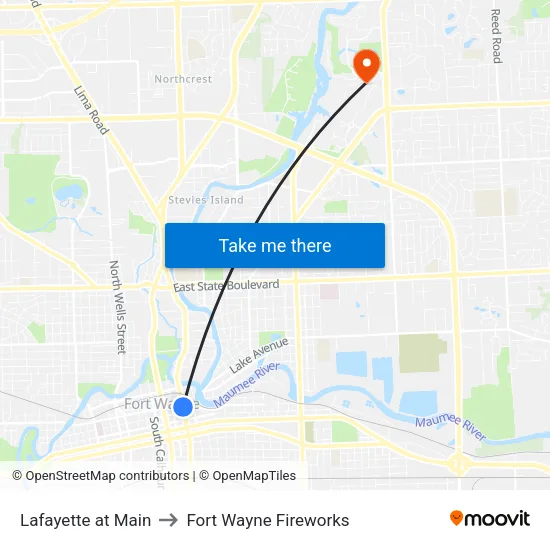 Lafayette at Main to Fort Wayne Fireworks map