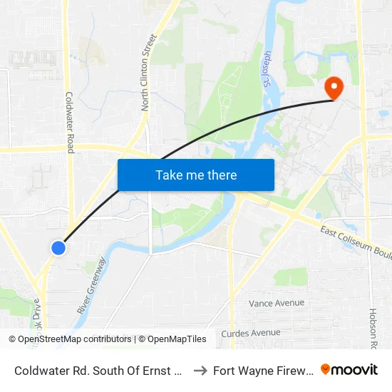 Washington Square (Sb) to Fort Wayne Fireworks map