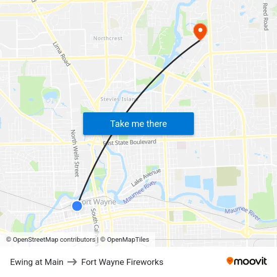 Ewing at Main to Fort Wayne Fireworks map