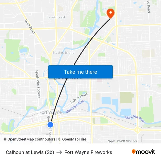 Calhoun at Lewis (Sb) to Fort Wayne Fireworks map
