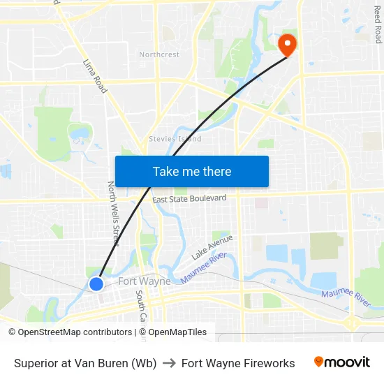 Superior at Van Buren (Wb) to Fort Wayne Fireworks map