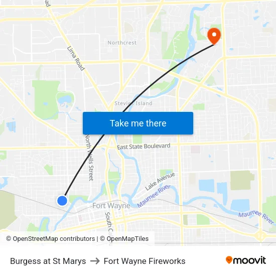 Burgess at St Marys to Fort Wayne Fireworks map