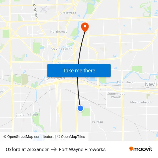 Oxford at Alexander to Fort Wayne Fireworks map