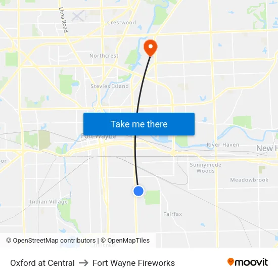 Oxford at Central to Fort Wayne Fireworks map