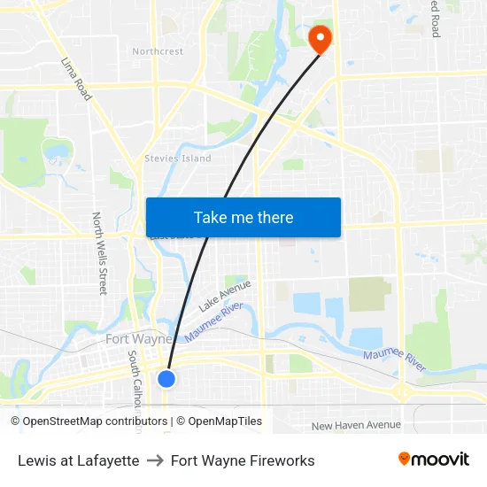 Lewis at Lafayette to Fort Wayne Fireworks map