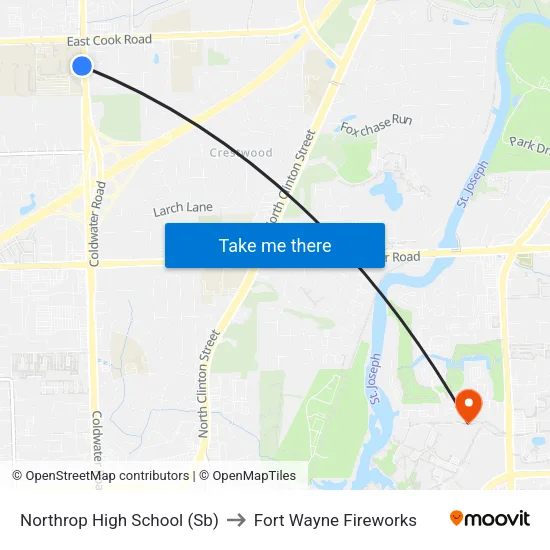 Northrop High School (Sb) to Fort Wayne Fireworks map