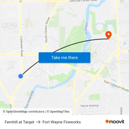 Fernhill at Target to Fort Wayne Fireworks map