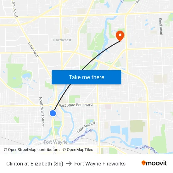 Clinton at Elizabeth (Sb) to Fort Wayne Fireworks map