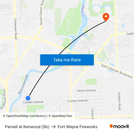 Parnell at Kenwood (Sb) to Fort Wayne Fireworks map