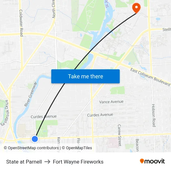 State at Parnell to Fort Wayne Fireworks map