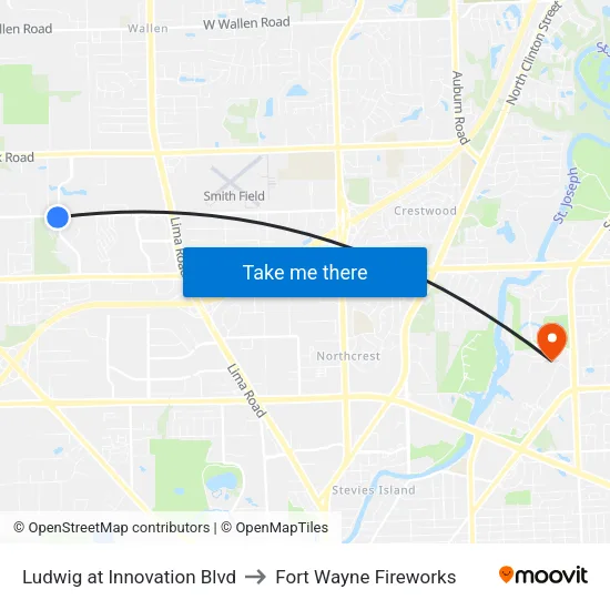 Ludwig at Innovation Blvd to Fort Wayne Fireworks map