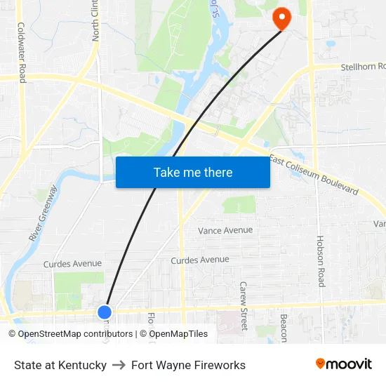 State at Kentucky to Fort Wayne Fireworks map