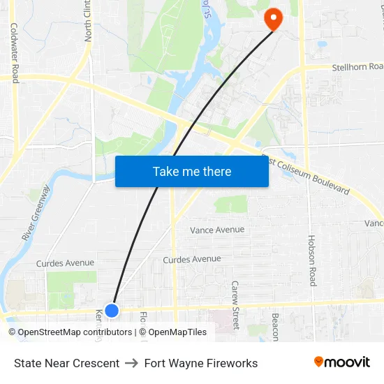 State Near Crescent to Fort Wayne Fireworks map