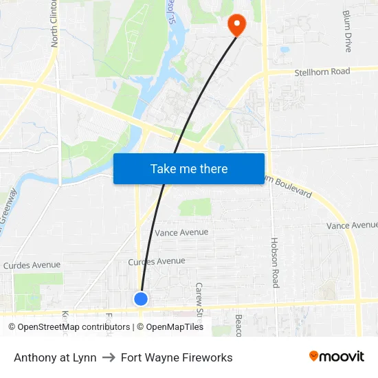 Anthony at Lynn to Fort Wayne Fireworks map