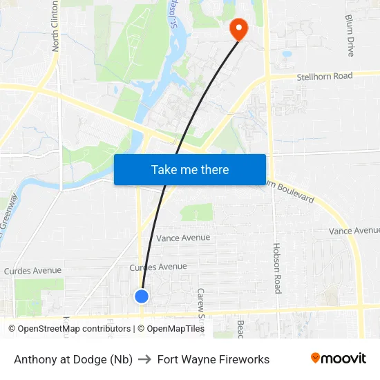Anthony at Dodge (Nb) to Fort Wayne Fireworks map