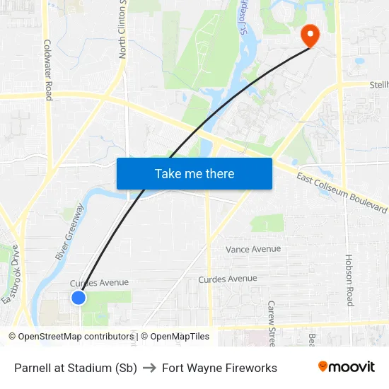 Parnell at Stadium (Sb) to Fort Wayne Fireworks map