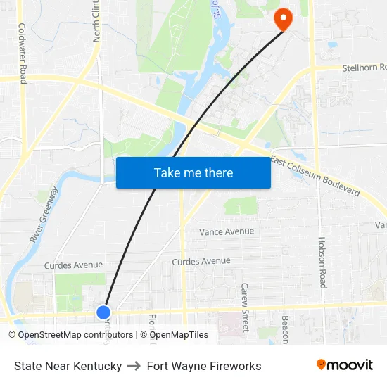 State Near Kentucky to Fort Wayne Fireworks map