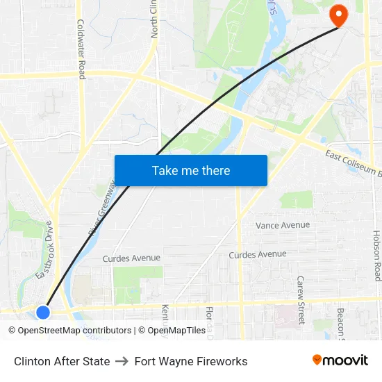 Clinton After State to Fort Wayne Fireworks map