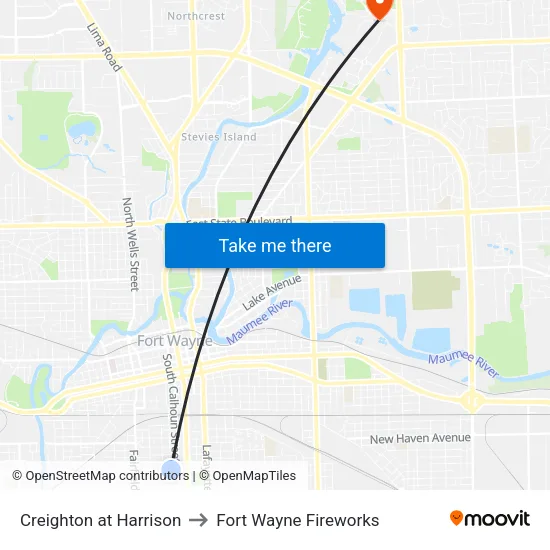 Creighton at Harrison to Fort Wayne Fireworks map
