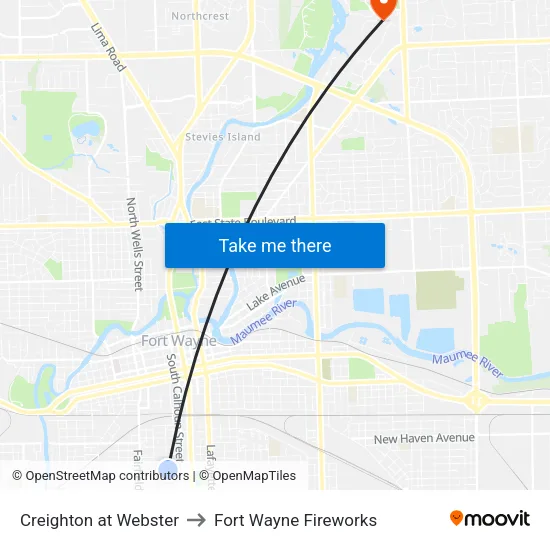 Creighton at Webster to Fort Wayne Fireworks map