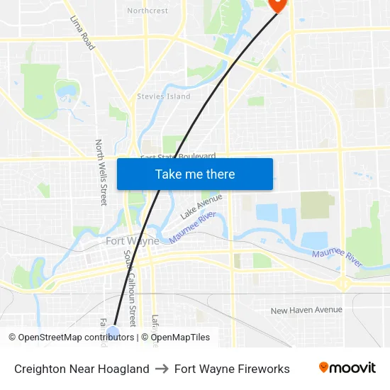 Creighton Near Hoagland to Fort Wayne Fireworks map