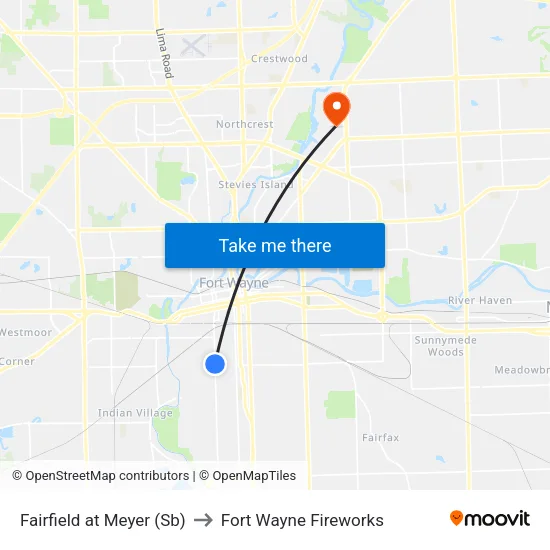 Fairfield at Meyer (Sb) to Fort Wayne Fireworks map