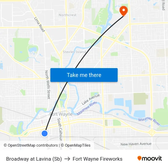 Broadway at Lavina (Sb) to Fort Wayne Fireworks map