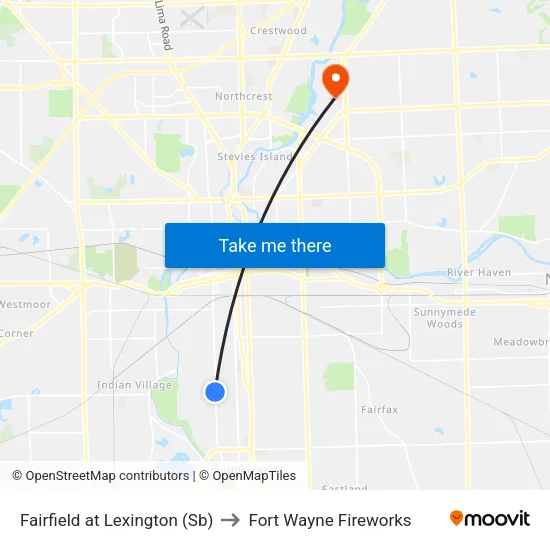 Fairfield at Lexington (Sb) to Fort Wayne Fireworks map