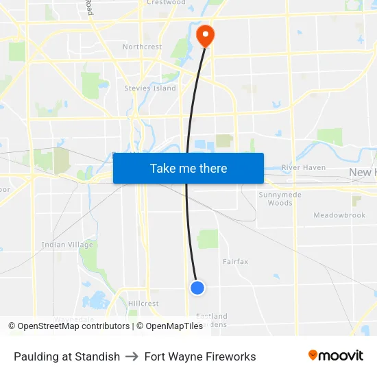 Paulding at Standish to Fort Wayne Fireworks map