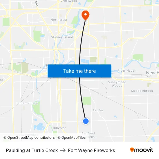 Paulding at Turtle Creek to Fort Wayne Fireworks map