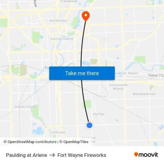 Paulding at Arlene to Fort Wayne Fireworks map