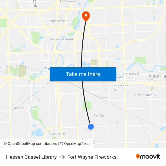 Hessen Cassel Library to Fort Wayne Fireworks map