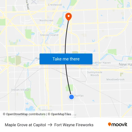 Maple Grove at Capitol to Fort Wayne Fireworks map