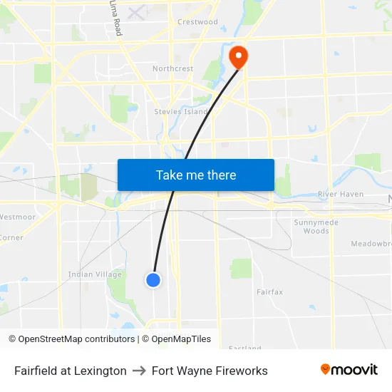Fairfield at Lexington to Fort Wayne Fireworks map