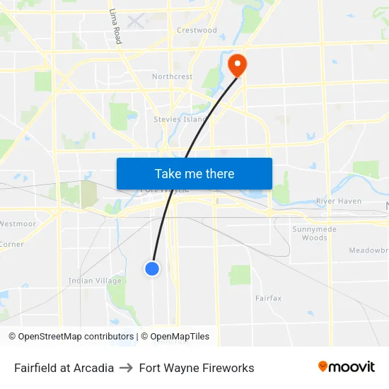 Fairfield at Arcadia to Fort Wayne Fireworks map