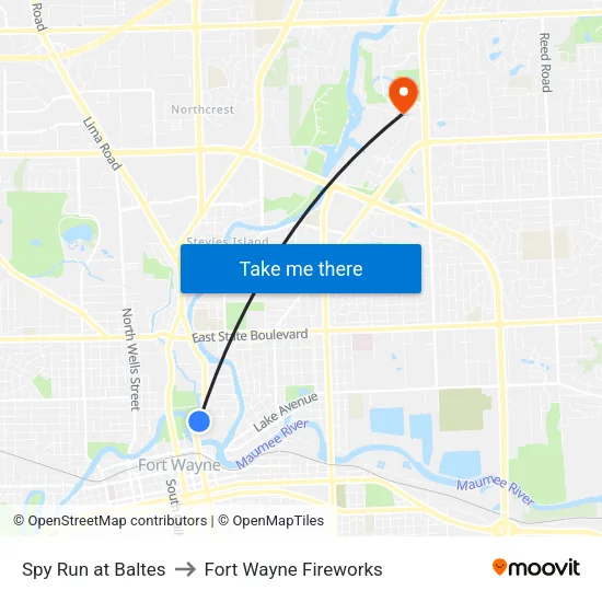 Spy Run at Baltes to Fort Wayne Fireworks map