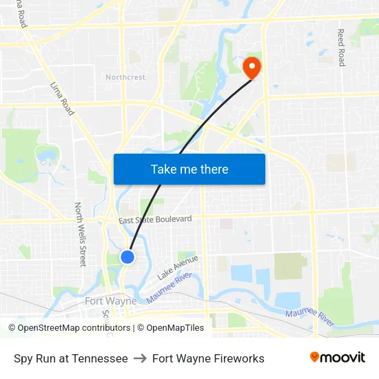 Spy Run at Tennessee to Fort Wayne Fireworks map