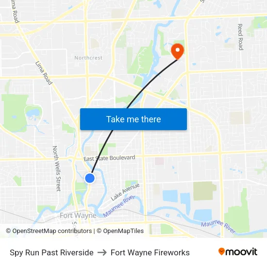 Spy Run Past Riverside to Fort Wayne Fireworks map