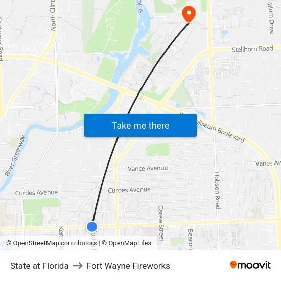 State at Florida to Fort Wayne Fireworks map