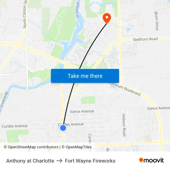 Anthony at Charlotte to Fort Wayne Fireworks map