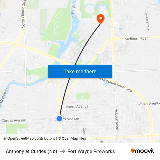 Anthony at Curdes (Nb) to Fort Wayne Fireworks map